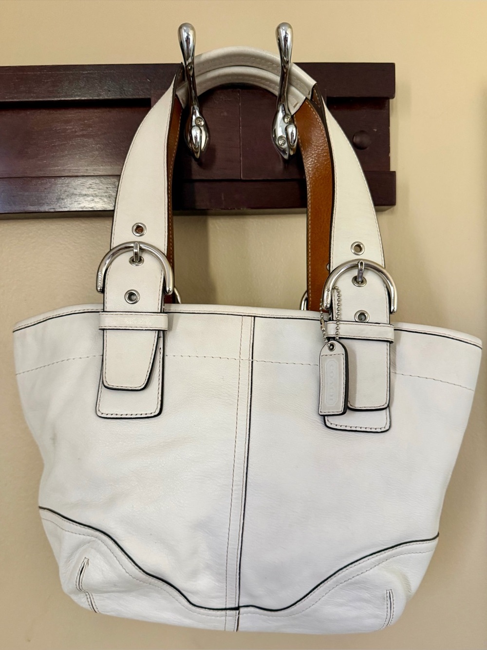 Coach Leather Tote in Cream with Brown Handles